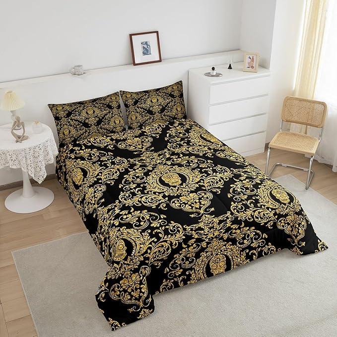 Feelyou Adults Golden Vintage Damask Floral Comforter Set Oriental Antique Comforter Full Size Gothic Bohemia Boho Bedding Set Exotic Sugar Skull Duvet Set Quilt Set 3Pcs