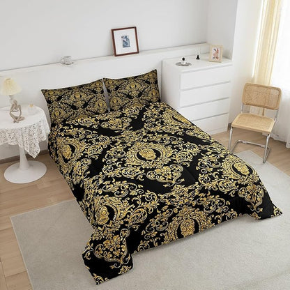 Feelyou Adults Golden Vintage Damask Floral Comforter Set Oriental Antique Comforter Full Size Gothic Bohemia Boho Bedding Set Exotic Sugar Skull Duvet Set Quilt Set 3Pcs