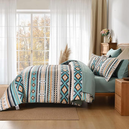 Dinjoy Boho King Size Bed in A Bag 7 Pieces,Turquoise Orange Comforter Set Aztec Striped Bedding Set Bohemian Complete Set Geometric Spring Comforters for Women Men 90"×104"