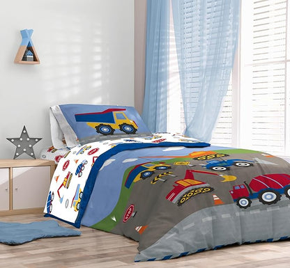 Sunny Side Up Construction Zone Twin Comforter Set - 5 Piece Kids Bedding Includes Comforter, Sheets & Pillow Cover - Super Soft Vehicles Microfiber Bed Set