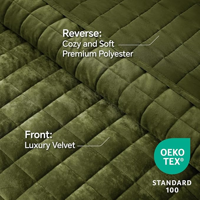 BEDELITE Velvet Quilt Set Queen Size - Luxury Velvet Comforter Bedding Set 3 Pieces, Lightweight Soft Cozy Olive Green Oversized Bedspread Coverlet for All Seasons with 2 Pillow Shams