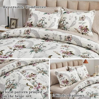 7 Pieces Bed in a Bag King Comforter Set with Sheets, Beige Floral Design, Soft Microfiber Bedding Sets for All Season (1 Comforter, 2 Pillow Shams, 1 Flat Sheet, 1 Fitted Sheet, 2 Pillowcases)