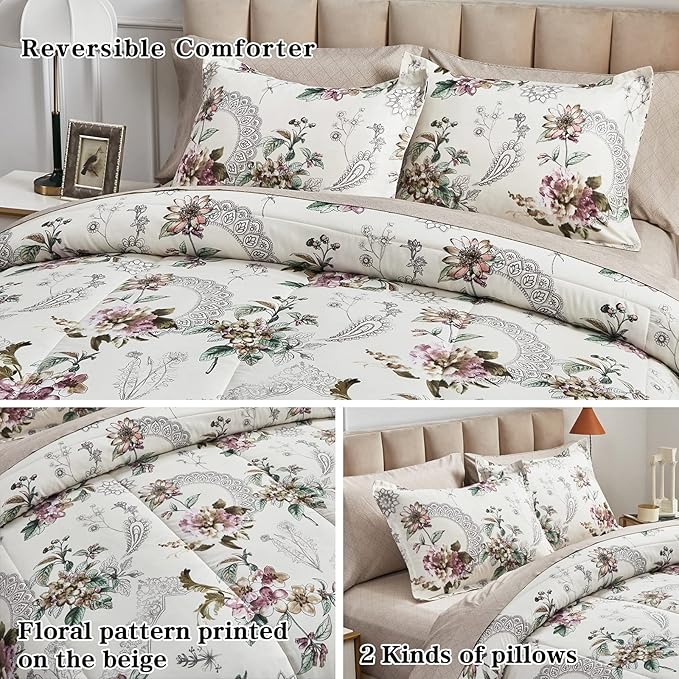 7 Pieces Bed in a Bag Queen Comforter Set with Sheets, Beige Floral Design, Soft Microfiber Bedding Sets for All Season (1 Comforter, 2 Pillow Shams, 1 Flat Sheet, 1 Fitted Sheet, 2 Pillowcases)