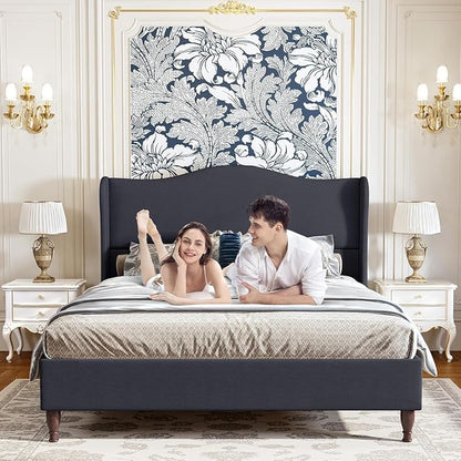 koorlian Queen Upholstered Bed Frame with 51'' Tall Headboard, Dark Navy | Reinforced Platform Bed, Easy Assembly, Soft Fabric, Sleigh Wingback, Solid Wood Retro Legs, Noise-Free, Classic & Simple