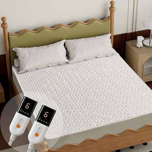 Gotcozy Heated Mattress Pad Queen Size Dual Control - Electric Mattress pad fit up to 15‘’with 6 Heat Seatings & 10 Hour Auto Off ETL Certified Machine Washable(White)