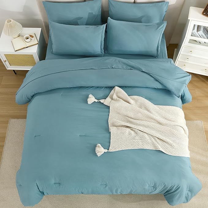 Litanika California King Comforter Set Grayish Teal - 7 Pieces Bed in a Bag Cal King Bedding Comforter Sets, Plain Lightweight Bed Set with Comforter, Sheets, Pillowcases & Shams