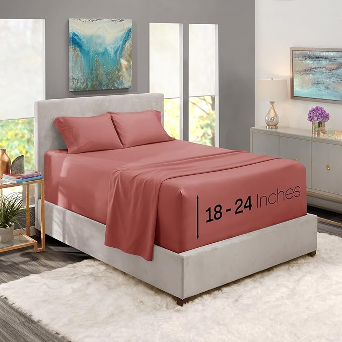 Nestl Full Size Sheet Set, 4 Piece Extra Deep Pocket (18-24 inches), Microfiber, Hotel Luxury, Soft, Breathable, Wrinkle-Free, Easy to Care, Pink Clay