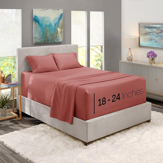 Nestl Queen Size Sheet Set, 4 Piece Extra Deep Pocket (18-24 inches), Microfiber, Cooling, Hotel Luxury, Soft, Breathable, Wrinkle-Free, Easy to Care, Pink Clay
