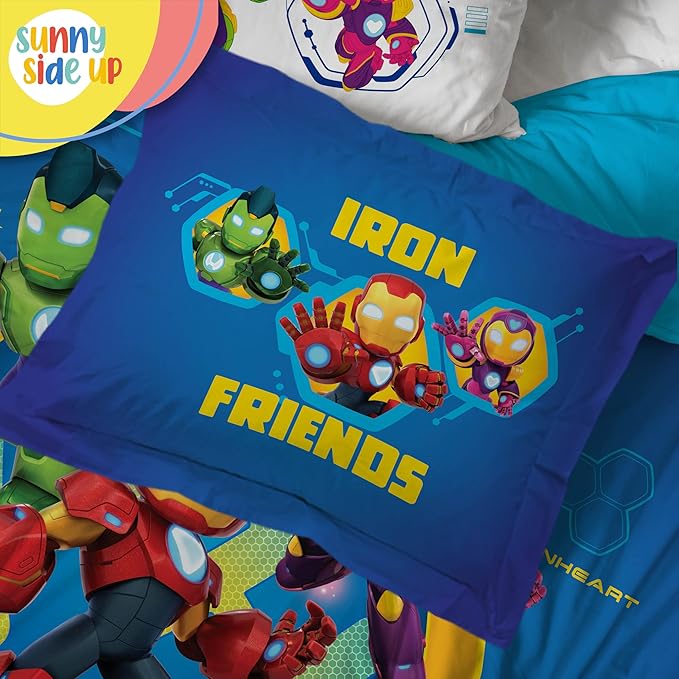 Sunny Side Up Kids Comforter Set Includes Sheets and Pillow Covers - Soft and Cozy Bed Set for Stylish Room Decor, Blue - Iron Man and His Awesome Friends, 7 Piece Full Size Bedding