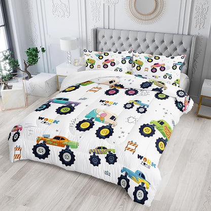 Kids Comforter Set for Boys,Cartoon Monster Car 3 Pieces Bedding Set Full,Colorful Off-Road Vehicle All Season Soft Microfiber Down Alternative with 2 Pillowcases