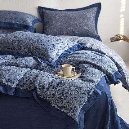 mixinni Muslin Cotton Vintage White Paisley Floral Duvet Cover King Size 3pcs Yarn Dyed Navy Blue Jacquard Weave Bedding Comforter Cover Soft Breathable Bedding Sets for All Season-King Size