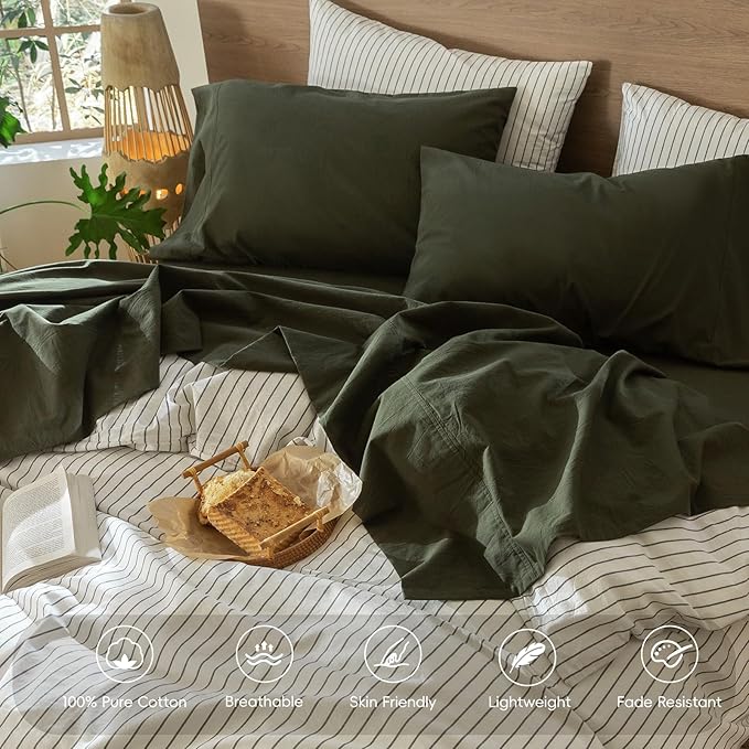 MooMee Bedding Sheet Set 100% Washed Cotton Linen Like Textured Breathable Durable Soft Comfy (Solid Olive Green, Queen)