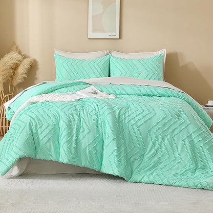 Andency Mint Green Comforter Set King Size, Boho Soft Warm Tufted Bedding Comforter Sets for King Size Bed, 3 Pieces Aesthetic Chevron Farmhouse Cute Bohemian Textured Bedding Set
