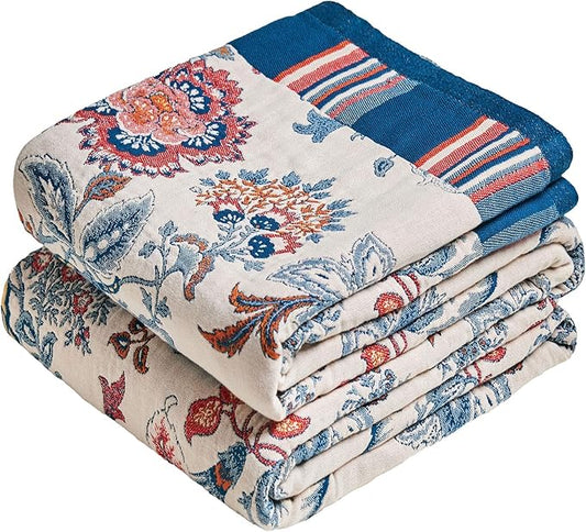 MSGKV Boho Throw Blanket 90"x90" 100% Cotton Floral Blanket for Bed Spring Breathable Lightweight Queen Blankets All Seasons Home Decor Muslin