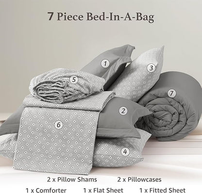 Monbix Queen Comforter Set - 7 Pieces Granite Grey Prewashed Bed in a Bag Queen Bedding Sets with Comforters, All Seasons Ultra Soft Comforter Bed Set with Sheets,Pillowcases & Shams