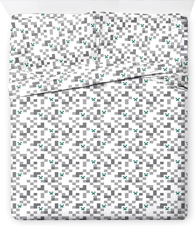 Jay Franco Minecraft Creeper Queen Comforter Set - 7 Piece Gamer Bedding Includes Sheet Set & Pillow Covers - Super Soft Checkered Bedding