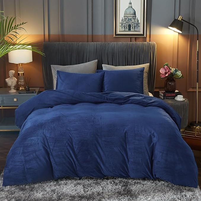 Ivellow Velvet Duvet Cover Queen Size 3 Pcs Flannel Navy Blue Duvet Cover Queen Velvet Comforter Cover Bedding Set Ultra Soft Cozy Solid Luxury Velour Duvet Cover Set Zipper Closure Corner Ties