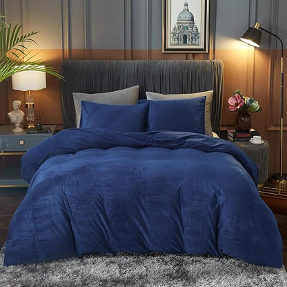 Ivellow Velvet Duvet Cover Queen Size 3 Pcs Flannel Navy Blue Duvet Cover Queen Velvet Comforter Cover Bedding Set Ultra Soft Cozy Solid Luxury Velour Duvet Cover Set Zipper Closure Corner Ties