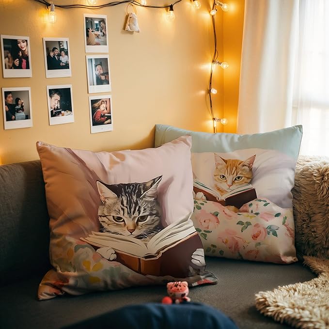 Funny Cat Reader Book Pillow Cover 18 x 18 Set of 2, Reading Nook Corner Decor, Gifts for Book Lovers, Preppy Floral Black Orange Tabby Tuxedo Cats Bookish Pillowcase（01）