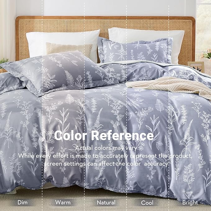 MUXHOMO Duvet Cover Full Size, Reversible Floral Grey Duvet Cover Set with Zipper Closure, 3 Pieces Botanical Patterns Soft Microfiber Bedding Set with 4 Ties (80"x90", 2 Pillow Cases)