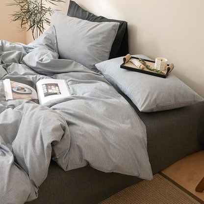 VM VOUGEMARKET Gray Striped Comforter Set Full,3 Pieces Washed Cotton Pinstripes Comforter with 2 Pillowcases for Teen Boys Men Simple Modern Bedding Set (80"x90")