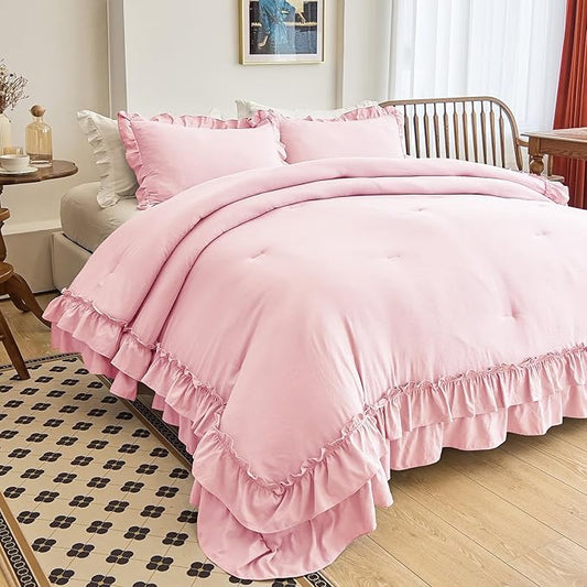 AIKASY Peach Pink Ruffle Comforter Twin, 3 Pieces Vintage Ruffle Fringe Comforter, Farmhouse Rustic Microfiber Down Alternative Bedding Comforter Set (1 Comforter + 2 Pillow Shams)