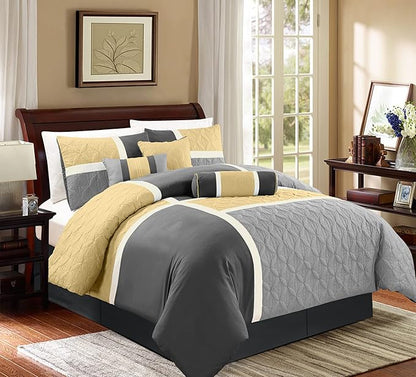 Chezmoi Collection Upland 7-Piece Quilted Patchwork Comforter Set, Yellow/Charcoal/Gray, Full