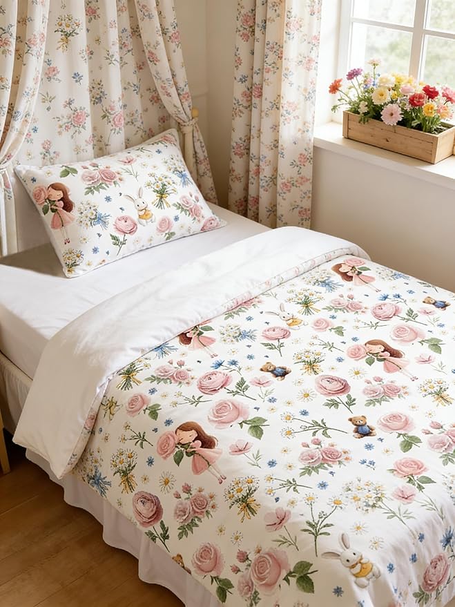 Kids Priness Comforter Set Twin Size for Girls, 2Pcs Pink Botanical Rose Bedding for Kids Kawaii Bedroom Decor, Cute Girly Rabbit Bear Comforter Set with 1 Pillowcase, 68"x86"