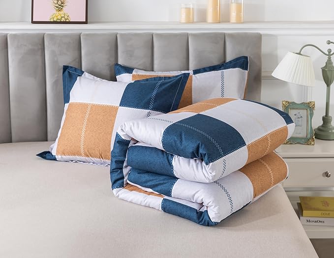 Caressma Navy Blue Plaid Checkered Comforter Set, Fluffy Geometric Grid Gray and Brown Buffalo Twin Size Comforter with Matching Pillow Shams for All Seasons