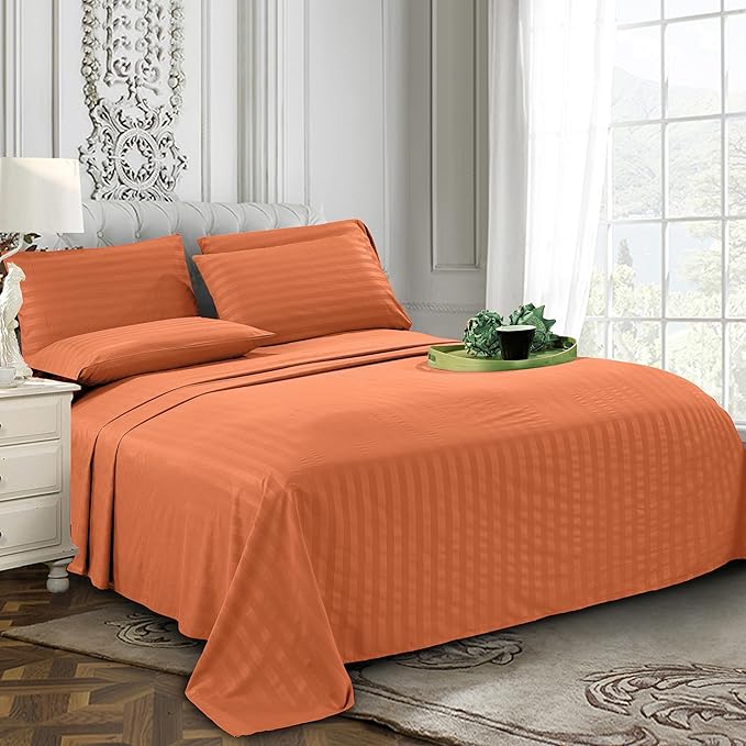 Elegant Comfort Softest and Coziest 4-Piece Sheet Set - 1500 Premium Hotel Quality Microfiber - Deep Pocket, Wrinkle Resistant 4-Piece Damask Stripe Bed Sheet Set, Twin, Coral