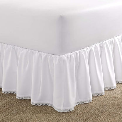Laura Ashley - Twin Size Bedskirt, Soft & Smooth 100% Cotton Ruffled Bedding, 220 Thread Count Bedding with Crochet Trim, 14.5" Drop (White)