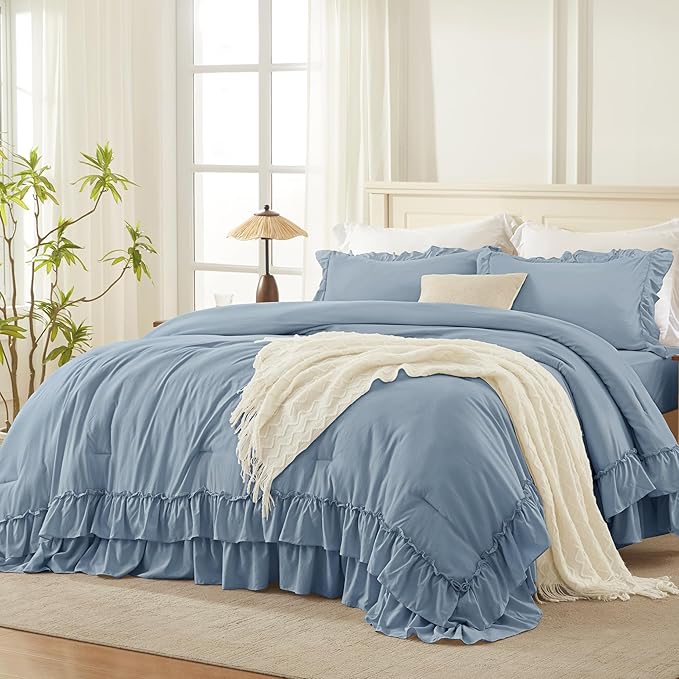 Andency Grayish Blue Queen Comforter Set, 3 Pieces Farmhouse Shabby Chic Ruffle Bedding Comforter Sets, All Season Lightweight Fluffy Soft Polyester Bed Set for Boys, Men, Adults (90x90Inch)
