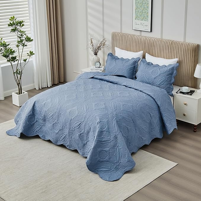 Oversized Cal King Bedspreads 120x120 for Extra Tall Split California King Bed Lightweight Quilted Coverlet Set 3 Pieces 1 Quilt 2 Pillow Shams Faded Denim