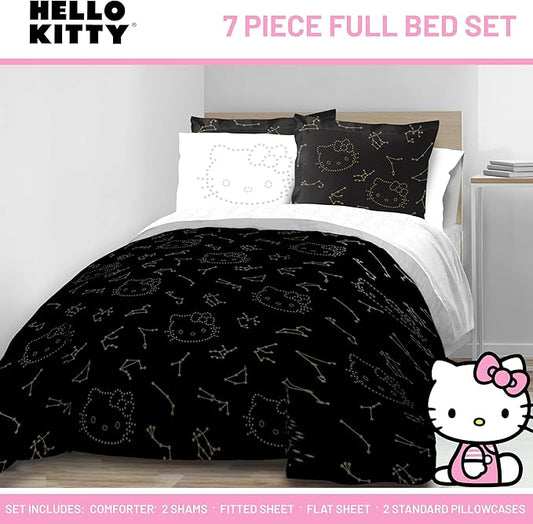 Jay Franco Hello Kitty Stars Full Comforter Set - 7 Piece Bedding Includes Sheet Set & Pillow Covers - Super Soft Zodiac Black & Gold Bedding