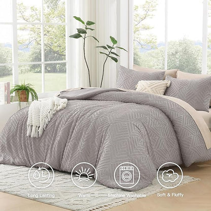 Litanika California King Comforter Set Milk Grey, 3 Pieces Tufted Boho Farmhouse Bedding Comforter Sets, Lightweight Fluffy Comforter Bed Set for All Season (104x96In Comforter and 2 Pillowcases)