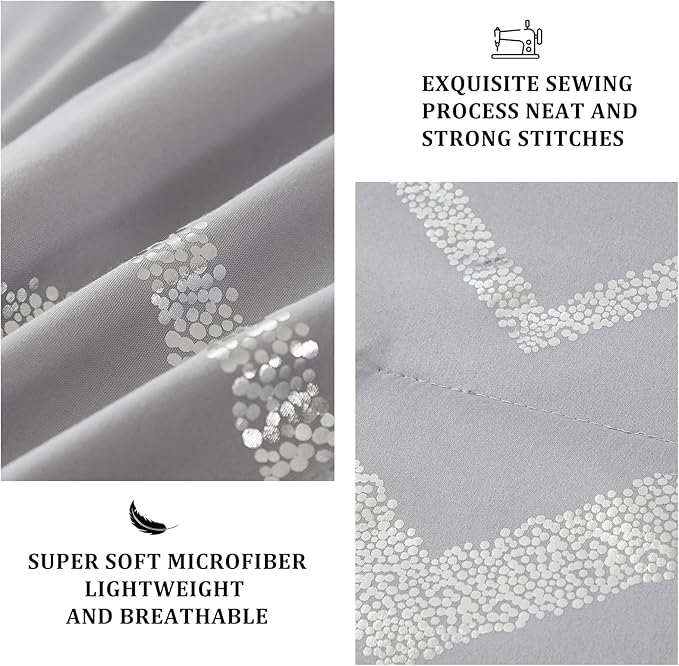 Menghomeus Grey and Silver Comforter Set King Metallic Print Geometric Bed Comforter 4 Piece Soft Microfiber Bedding for Teen Girls Boys Women (2 Pillow Shams + 1 Decorative Pillow Sham)