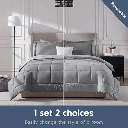 Nestl 7 Piece California King Comforter Set – Grey Reversible Bed in a Bag – Complete Cal King Size Bedding Set with Sheets, Pillowcases and Shams