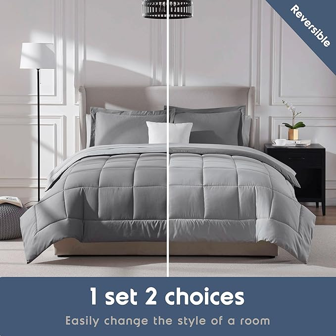 Nestl 7 Piece Queen Comforter Set – Grey Reversible Bed in a Bag – Complete Queen Size Bedding Set with Sheets, Pillowcases and Shams