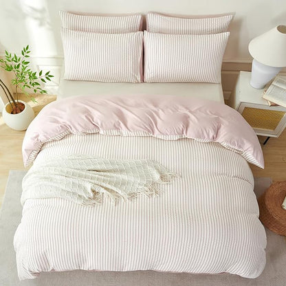 Dusty Pink Comforter Set Queen Size Soft Luxury Washed Microfiber Jacquard 3 Pieces Bedding Set, White Dusty Pink Vertical Ticking Stripes Comforter with 2 Pillowcases Breathable Durable Comfy