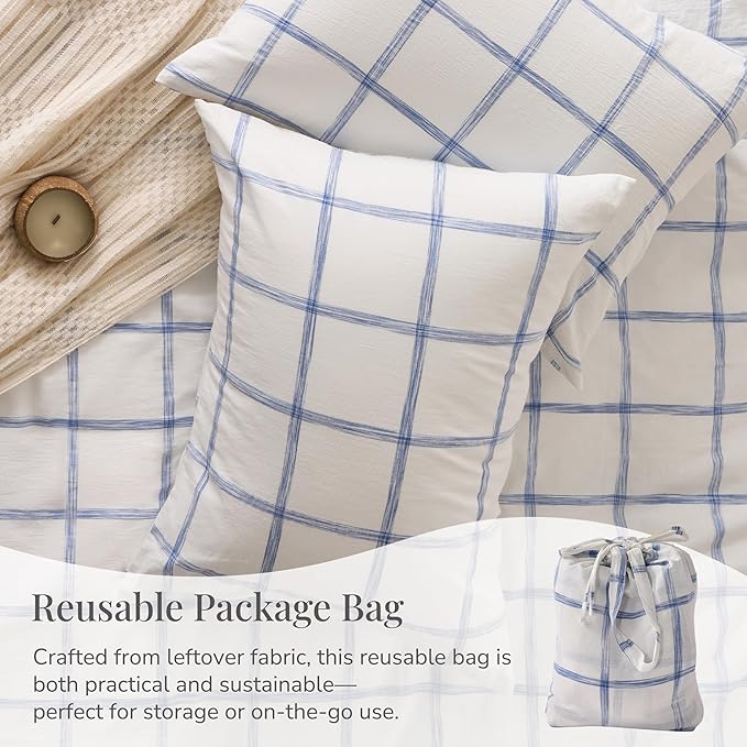 Blue Plaid Duvet Cover Queen Size, 100% Soft Washed Cotton Queen Duvet Cover Set 3 Pieces with Zipper Clousre & Corner Buttons (White/Blue Plaid, Queen 90 x 90)