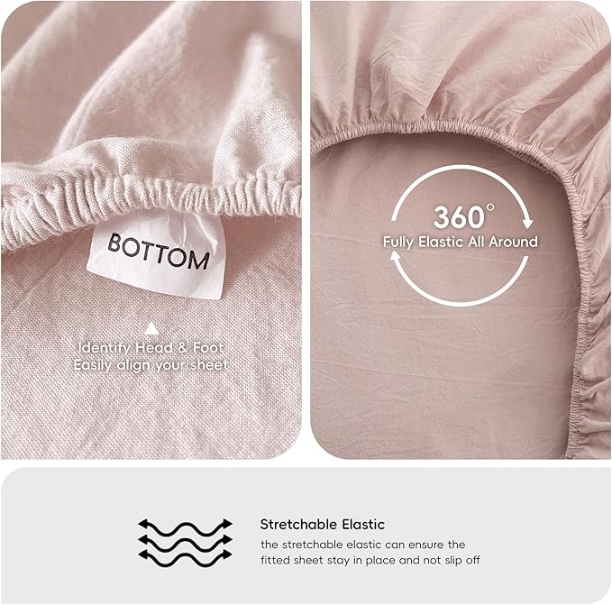 MooMee Fitted Bottom Sheet Only 100% Washed Cotton Linen Like Textured Breathable Durable Soft Comfy Deep Pocket Fits Mattress up to 17" (Greyish Pink, Twin)