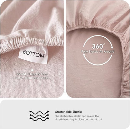 MooMee Fitted Bottom Sheet Only 100% Washed Cotton Linen Like Textured Breathable Durable Soft Comfy Deep Pocket Fits Mattress up to 17" (Greyish Pink, King)