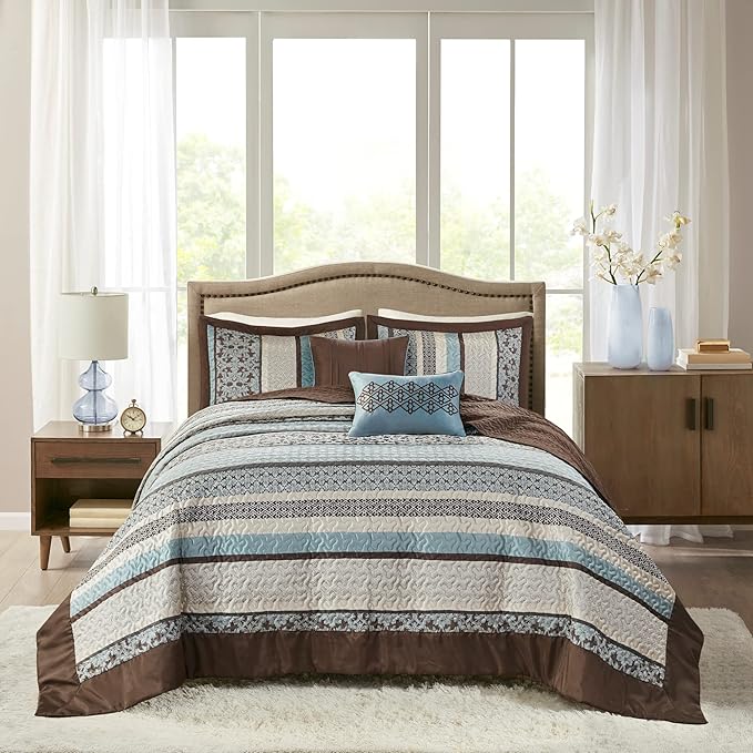 Madison Park Princeton Reversible Quilted Bedspread Set, Solid Reverse Summer Breathable, Lightweight All Season Bedding Layer, Matching Shams, Bedspread King(120"x118"), Blue 5 Piece
