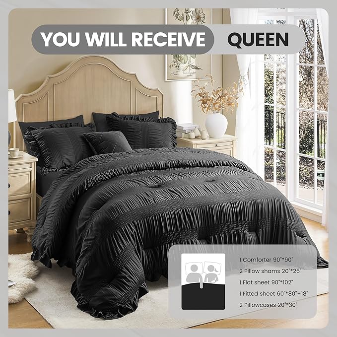 Queen Comforter Set Seersucker 7 Pieces Luxury Ruffle Bed in a Bag Queen Size for All Season Black Bedding Set with Comforter, Pillowcases, Flat Sheet, Fitted Sheet and Pillow Shams