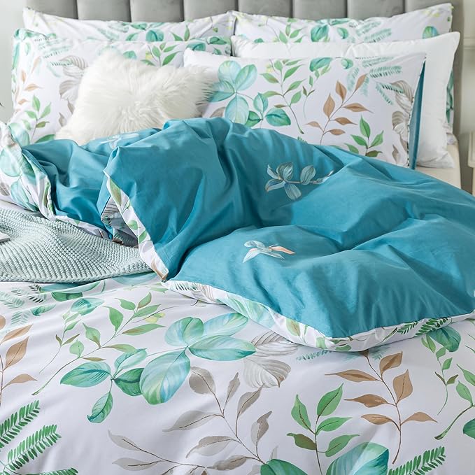 FADFAY Botanical Duvet Cover Sets Twin Size 100% Cotton Teal Green Leaves Patterned Comforter Cover Aesthetic Bedding for All Season Soft Crisp Modern Bed Cover with Zipper 3 Pcs