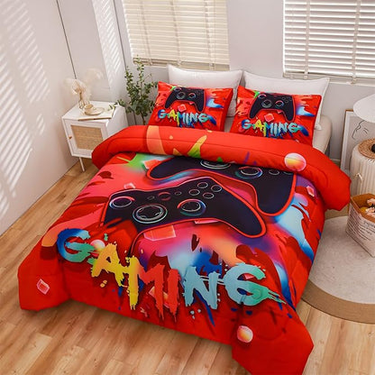 Aimuan Gaming Comforter Sets for Boys Kids Bedding Sets Video Games Console Action Buttons Novelty Colorful Game Gamepad Controller Modern Gamer Room Decor Home Quilt Set (Queen, Red)