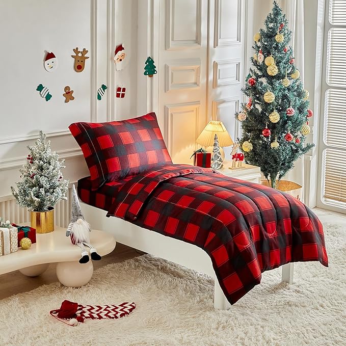 Christmas Toddler Bedding Set for Boys Girls Red Black Plaid Gingham Holiday 4PC Toddler Bed Set - Cute Toddler White Bed in a Bag for New Year