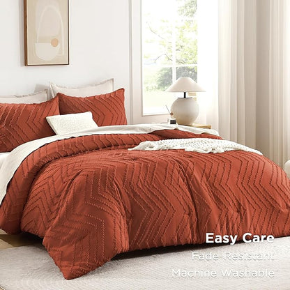 Andency Burnt Orange King Size Comforter, Boho Terracotta Soft Warm Bedding Comforter Sets for King Bed, 3 Pieces Rust Chevron Tufted Aesthetic Microfiber Lightweight Comforter Set