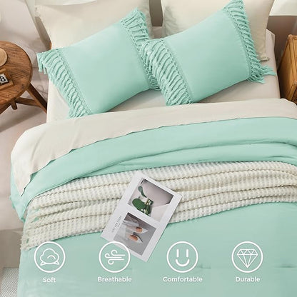 Andency Queen Comforter Set Mint, 3 Pieces Boho Lightweight Fall Bedding Comforter Sets, Tassel Bed Set (90x90In Comforter & 2 Pillowcases)