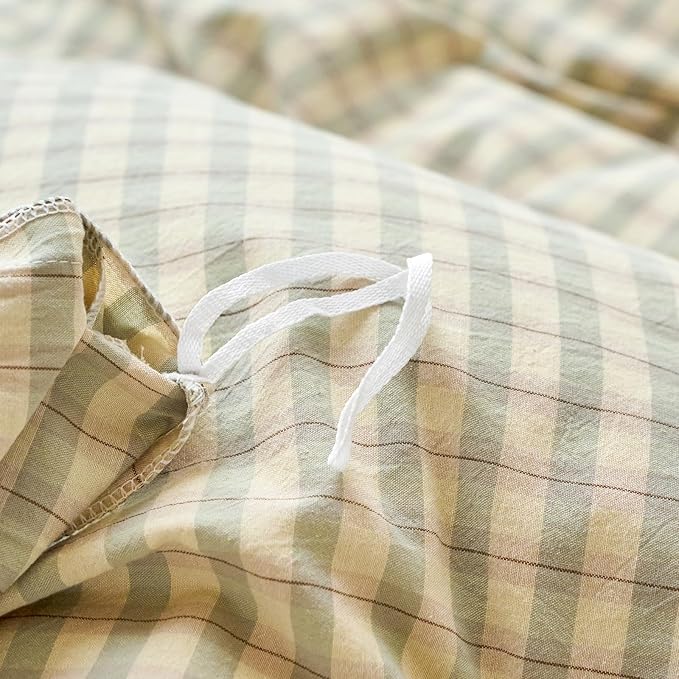 Green Gingham Twin Duvet Cover Set Washed Cotton Plaid Twin Comforter Cover Sage Green Boho Pattern Zipper Duvet Cover Set with 2 Pillow Cases Cute Checkered Bedding Set Vintage Duvet Protector